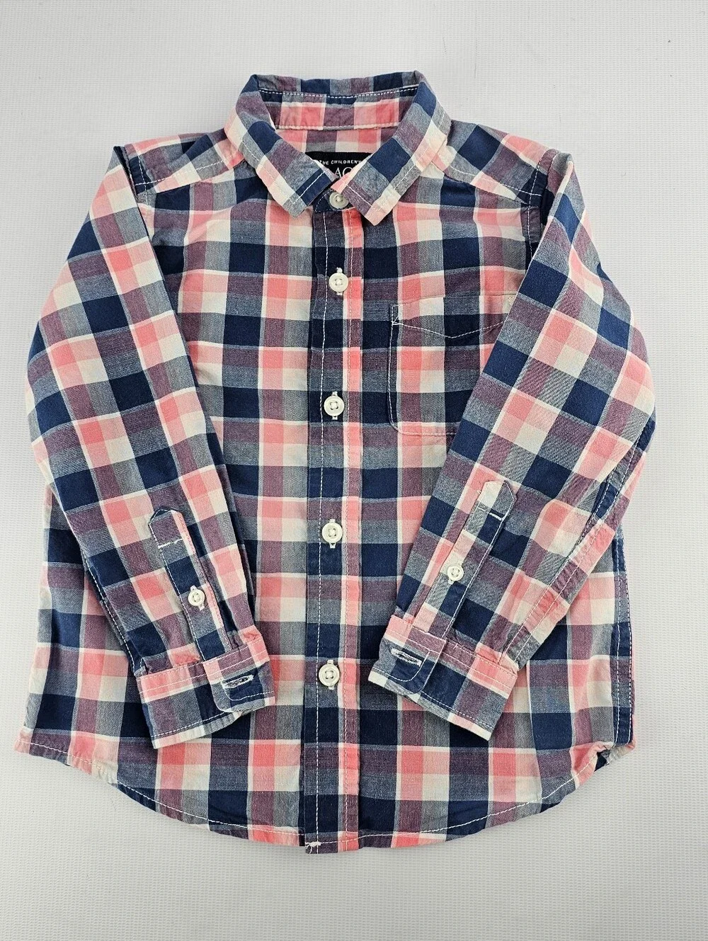 The Children's Place Toddler Boys Pink Blue Plaid Poplin Button Down Shirt 3T